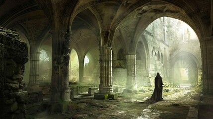 Forgotten catacombs beneath a ruined cathedral, remains of lost civilization. Mysticism, paranormalism, people in hoods, creepy place, dust, dampness, underground structure, fear. Generative by AI