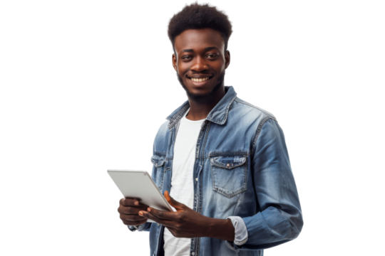 Studio portrait company business worker smart young African American man with serious face holding tablet, isolated on transparent png background.