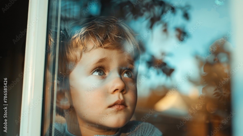 Aufkleber a young boy peering out of a window. suitable for various concepts and themes