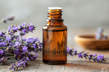 A bottle of essential oil with fresh lavender twigs