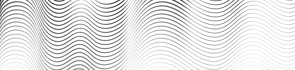 Black wavy lines that go from thin to thick. Striped waves drawn in ink. Abstract geometric background with monochrome water surface texture. Vector illustration of diagonal curved lines