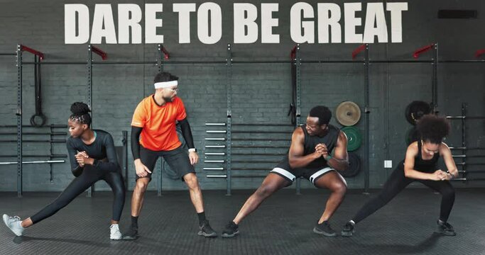 Stretching, fitness and people in gym for exercise, bodybuilder training and cardio workout. Motivational quote, sports mockup and men and women do leg lunges for wellness, health and performance