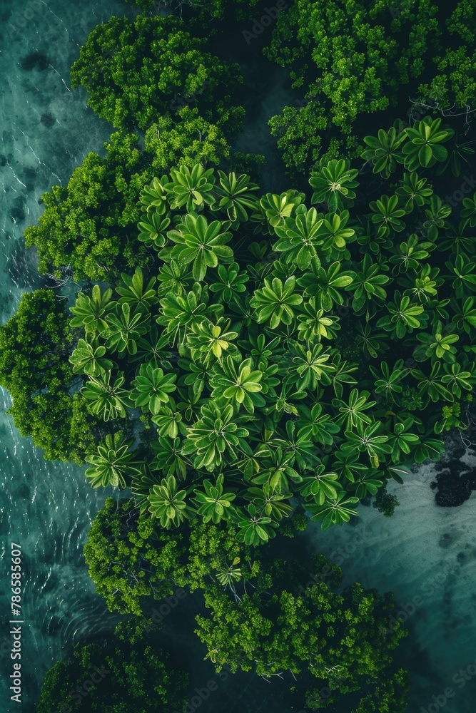 Poster aerial view of a lush green forest next to the ocean. suitable for nature and travel concepts
