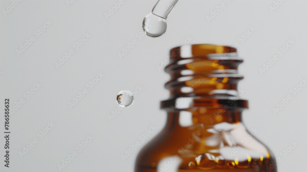 Poster A drop of liquid falling from a bottle. Suitable for science and medical concepts