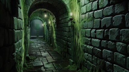 Dimly lit dungeon corridor surrounded by moss-covered stone wall. Gloomy place, ghosts, paranormal, gothic, middle ages, ruins, dust, dampness, underground structure, mysticism. Generative by AI