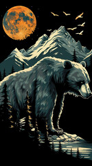 urso gigante na montanha estilo estampa de camiseta em fundo BRANCO
