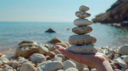 A person holding rocks near a body of water, great for nature concepts
