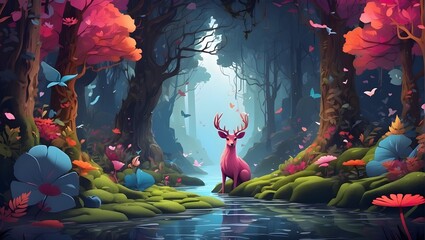 beautiful dear and forest view  - obrazy, fototapety, plakaty