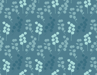 Eucalyptus. Silhouettes of eucalyptus branches and leaves, tropical plants seamless pattern. Vector illustration isolated on blue-green background. Background, backdrop, wallpaper, fabric, paper.