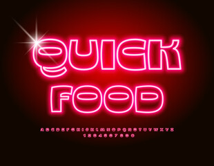 Vector glowing signboard Quick Food. Neon Stylish Font. Exclusive Alphabet Letters and Numbers set.