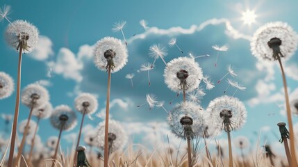 A bunch of dandelions being blown by the wind. Suitable for nature and outdoor concepts