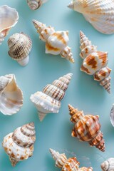 Obraz premium Sea shells on a blue surface, ideal for beach-themed designs
