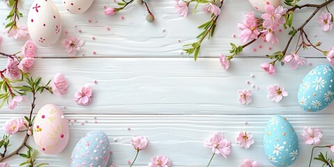 Colorful Easter eggs and spring flowers on a white wooden background. Perfect for Easter and...