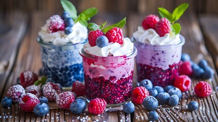 Blueberry and raspberry parfaits in mason jars still life against a rustic wood background