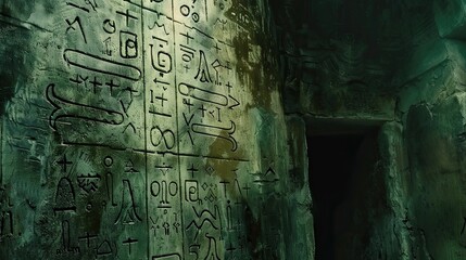 Cryptic runes carved into the walls of a forgotten underground. Burial places, ghosts, paranormal, remains of civilization, dust, dampness, underground structure, mysticism, fear. Generative by AI