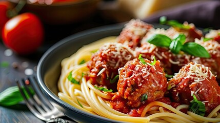 Classic meatballs simmered in marinara sauce and served with delicious Italian pasta. Restaurant, close-up, specialty of the house. Concept of culinary excellence and sophistication. Generative by AI - obrazy, fototapety, plakaty