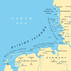 Frisian Islands, political map. Wadden Sea Islands, archipelago at North Sea in Europe, stretching vom Netherlands through Germany to Denmark. The islands shield the mudflat region of the Wadden Sea.