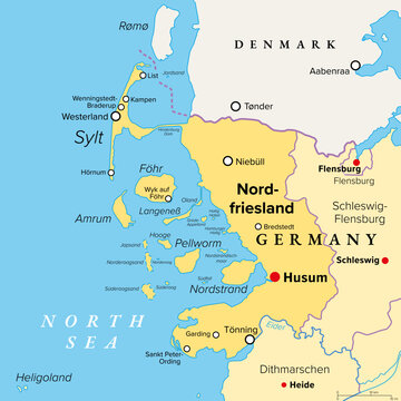 Nordfriesland, or North Frisia, political map. Northernmost district of Germany, part of Schleswig-Holstein, with capital Husum and the five large islands Sylt, Foehr, Amrum, Pellworm and Nordstrand.