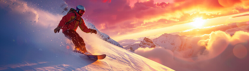 A breathtaking scene of a snowboarder racing down a mountain at sunset the colors of their snowboard reflecting the fiery hues of the sky - obrazy, fototapety, plakaty