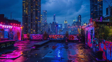 A bold and colorful image of a rooftop party in an urban landscape where the walls are adorned with...