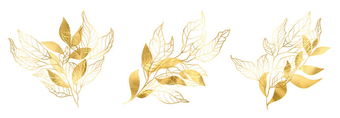 Elegant wedding gold floral frame, golden flowers botanical hand drawn line border leaves, for wedding invitation and cards, logo design, social media and posters template