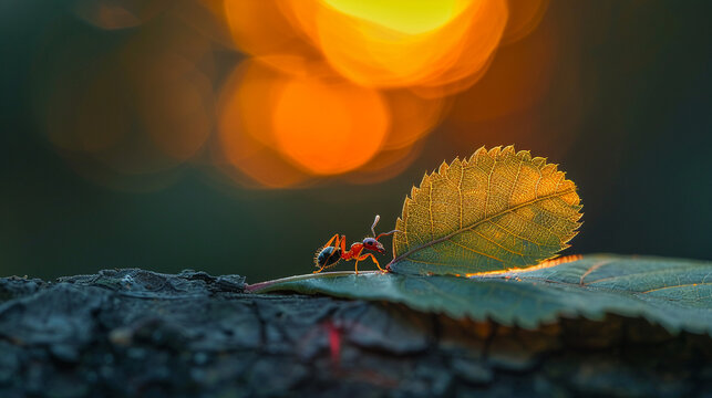 A charming image of a pair of ants watching a sunset from the edge of a leaf
