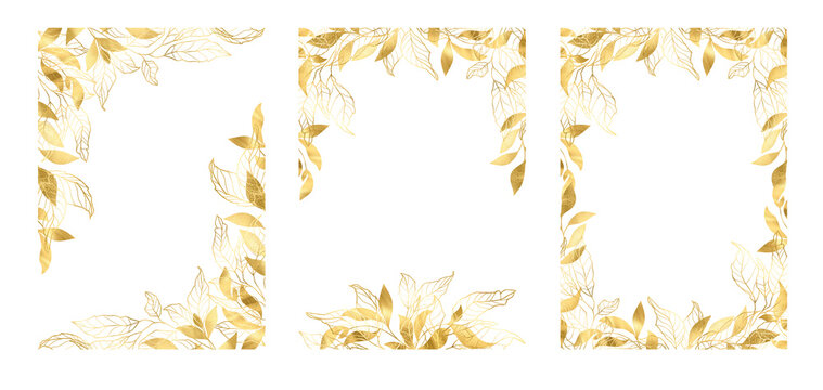 Elegant wedding gold floral frame, golden flowers botanical hand drawn line border leaves, for wedding invitation and cards, logo design, social media and posters template