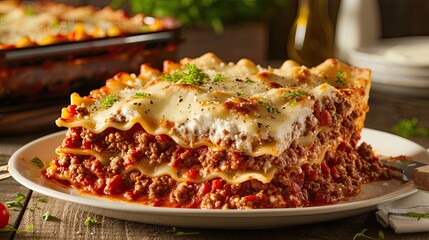 Authentic Italian lasagna with ricotta meat sauce, bechamel sauce. Restaurant dish and serving, close-up, specialty of the house. Concept of culinary excellence and sophistication. Generative by AI