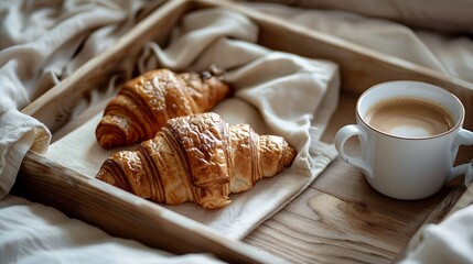 Breakfast served in bed on wooden tray with coffee and croissants - obrazy, fototapety, plakaty