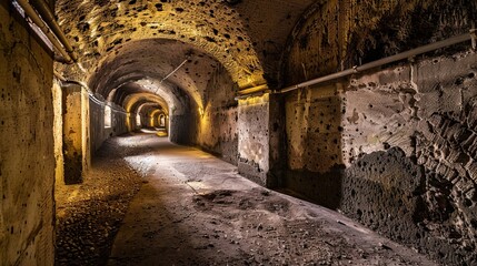 Underground labyrinth of twisting tunnels and secret chamber. Gloomy place, ghosts, dust, secret tunnel, paranormal, gothic, middle ages, ruins, dampness, mysticism, fear. Generative by AI