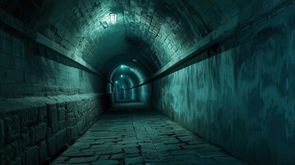 Obraz premium Underground labyrinth of twisting tunnels and secret chamber. Gloomy place, ghosts, dust, secret tunnel, paranormal, gothic, middle ages, ruins, dampness, mysticism, fear. Generative by AI