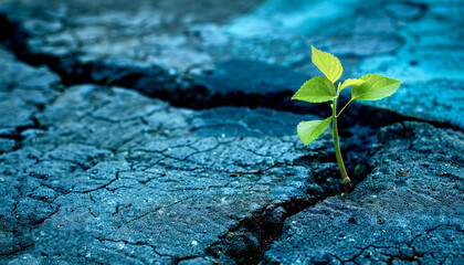 Resilient green sapling thriving in a harsh urban environment, symbolizing hope and renewal - obrazy, fototapety, plakaty