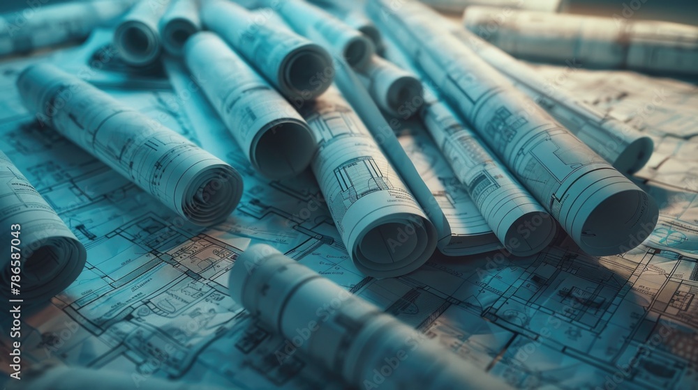 Poster Blueprints laying on a table, perfect for architectural projects