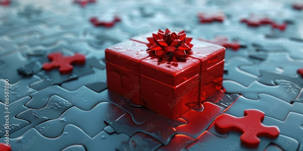 Poster A red gift box placed on a puzzle piece. Suitable for various concepts and occasions