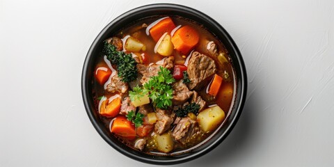 A bowl of stew with carrots, potatoes, and broccoli. Perfect for food blogs or recipe websites - obrazy, fototapety, plakaty