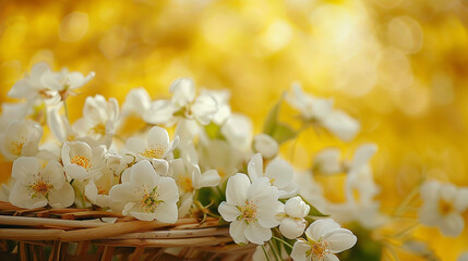 Detailed close-up capturing the elegance of white flowers arranged in a wooden basket against a...