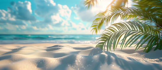 Tropical vacation background. Sea beach with palm leaf shades on sand. Summer holiday travel theme.
- 786587056