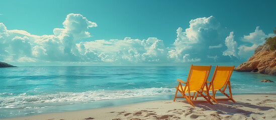 Two yellow chairs for relaxing on the beach. Sea or ocean on background. Summer vacation travel...