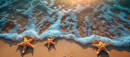 Vacation background. Sea beach with shells and starfish on sand. Summer holiday travel theme.
- 786587078