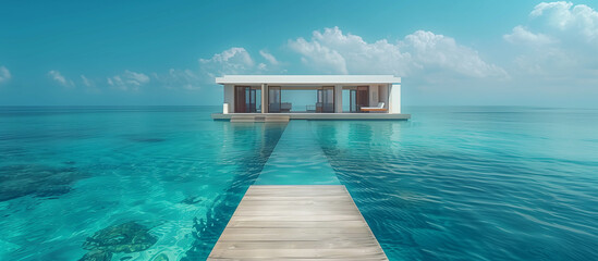 Modern minimalistic overwater villa. Summer holiday travel vacation theme. - 786587085