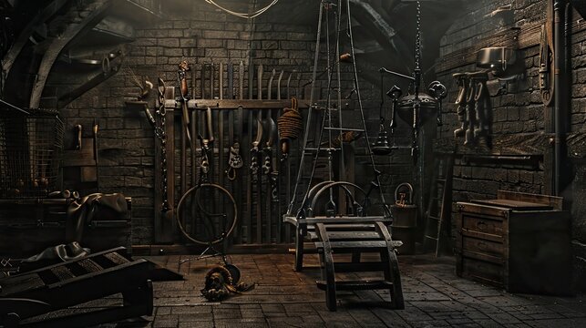 Torture chamber with an iron maiden and other gruesome device, chains, horror, thriller. Gloomy place, ghosts, paranormal, gothic, middle ages, ruins, dampness, mysticism, fear. Generative by AI