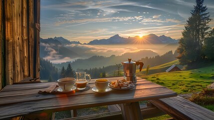 Breakfast table in rustic wooden terace patio of a hut hutte in tirol alm at sunrise