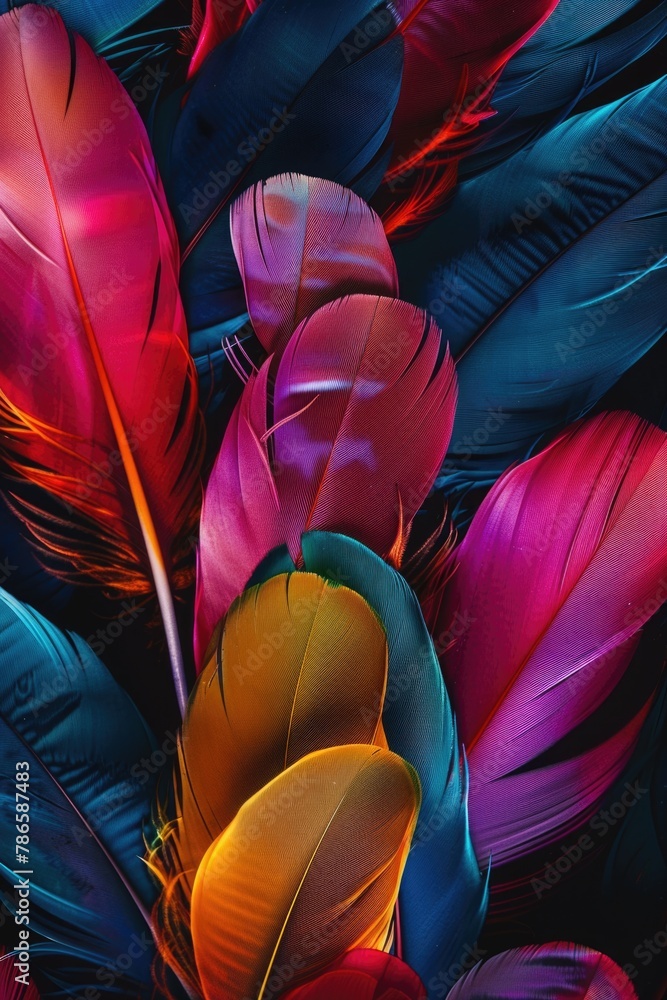 Poster Vibrant close up shot of colorful feathers, perfect for adding a pop of color to any project