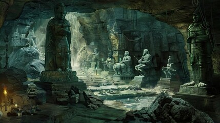 An underground chamber filled with treasure troves, guarded by traps, raised statues. Ruins, buildings of ancient civilizations, mysticism, paranormalism, otherworldly forces, magic. Generative by AI