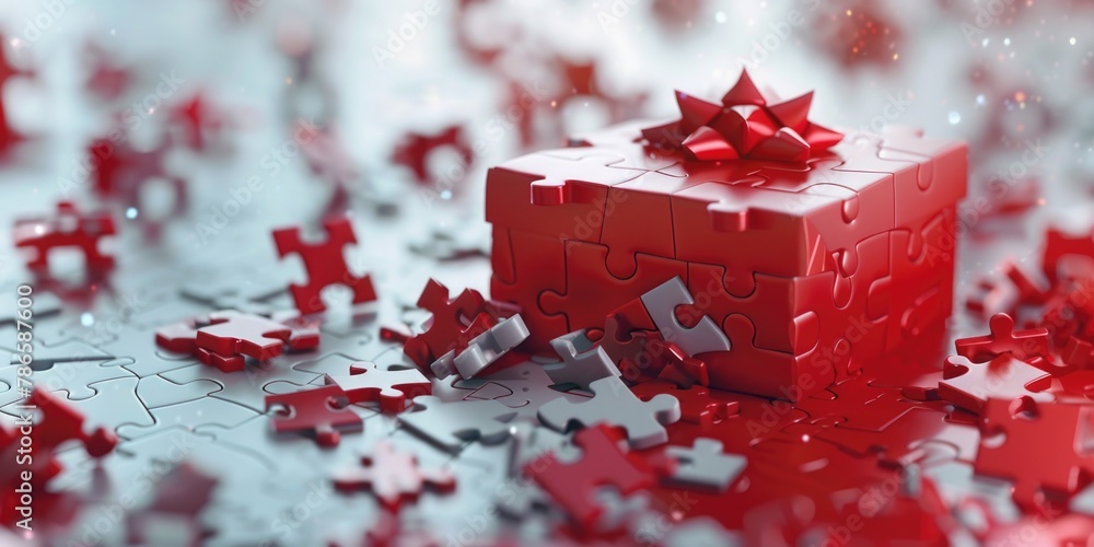 Poster red puzzle piece on top of a pile, suitable for concepts of teamwork and completion