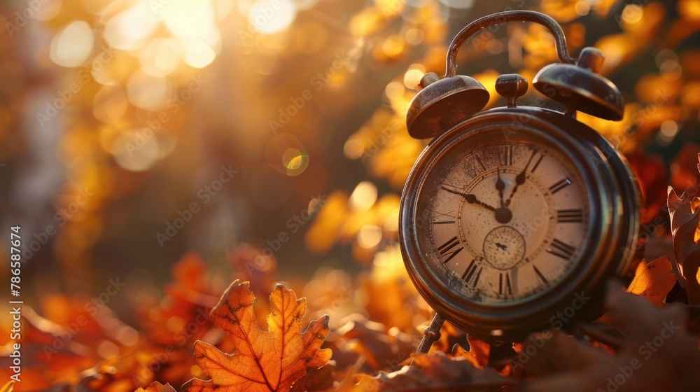 Leinwandbilder an alarm clock resting on a mound of fallen leaves. suitable for time management concepts