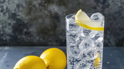 Sparkling vodka tonic served in a tall glass with ice and a lemon, against a plain background. Alcohol, glass, golden liquid. High-quality product and its presentation concept. Generative by AI