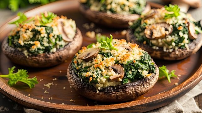 Spinach and mushroom stuffed portobello mushrooms, sprinkled with herbs. Restaurant dish, serving, seasonal offering, proper nutrition, diet food. Culinary aesthetics concept. Generative by AI