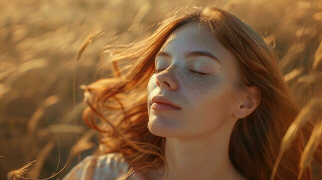 A woman with her eyes closed in a field of tall grass. Perfect for nature or relaxation concept