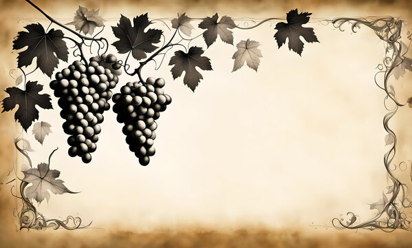 template of rustic decoration frame with wine grape grapevine vine leaf for wine list, advertising, gastronomy, vineyard, wine festival, tasting, winery, bistro, restaurant, wine cellar, viticulture